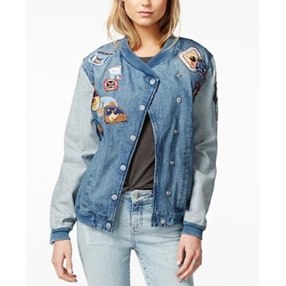 GUESS Originals Size M Asymmetric Denim Patchwork Bomber Jacket Jean - Picture 2 of 13